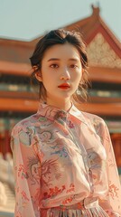 Fototapeta premium Chinese female model, new Chinese fashion, pink shirt, skirt