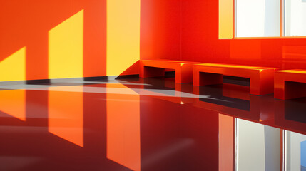 Modern interior featuring stark geometric shapes in vibrant shades of red and orange, reflecting a...