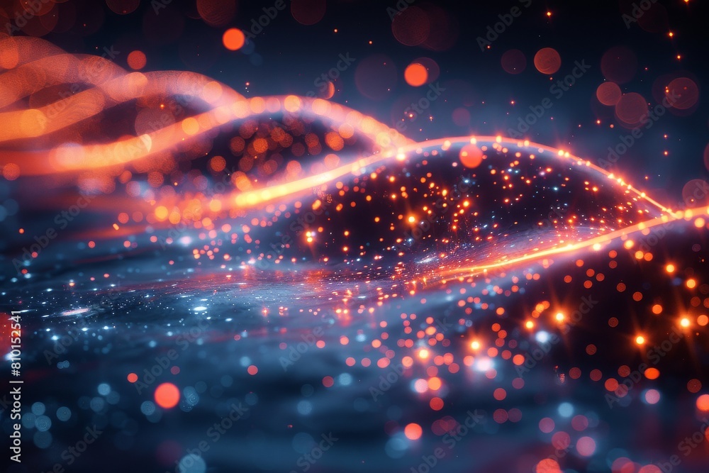 Poster an image depicting glowing particles and waves that simulate a dynamic and flowing abstract digital 
