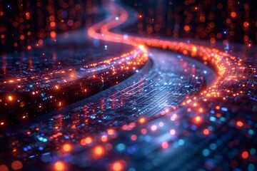 This image captures a fast-paced digital highway curving through a futuristic cityscape