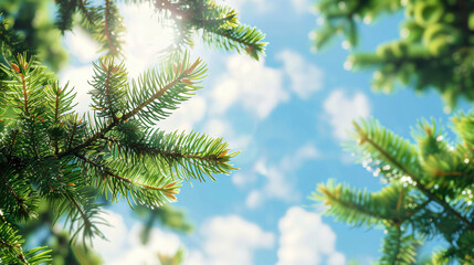 Green coniferous branches on sky background