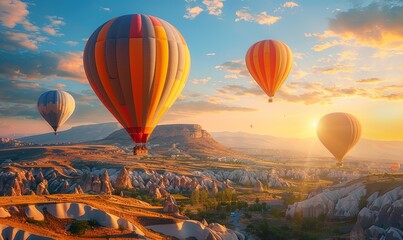 Amazing hot air balloons in flight over a rocky landscape