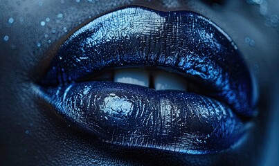 Artistic close-up of glossy blue lipstick on lips