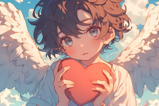 Anime Angel Boy With White Wings Holding A Red Heart