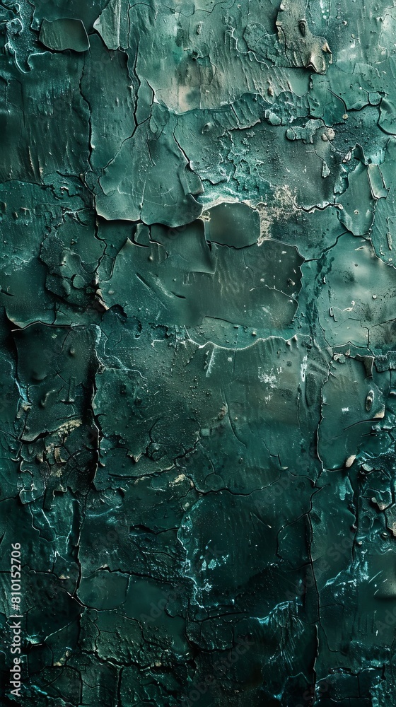 Sticker Close-up image of a dark green surface showcasing the texture and details of peeling paint, reflecting decay and time's impact