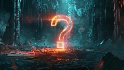 Glowing neon question mark in ruins - An illuminated neon question mark stands out in a scene of abandoned urban decay with a sci-fi feel
