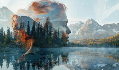 Double exposure combines a woman's face, mountains, forest and a body of water. Panoramic view. The concept of the unity of nature and man.