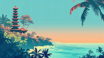 Tropical beach with historical temple - Artistic illustration of a tropical beach with an ancient historical temple and lush greenery during sunset