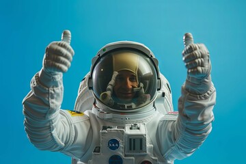 Astronaut thumbs up gesture, blue background - Close-up of an astronaut in a space suit showing thumbs up gestures with a blurred face against a blue backdrop
