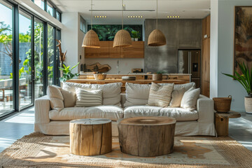 Modern living room featuring furniture made from reclaimed timber, showcasing elegant sustainability. AI generated.