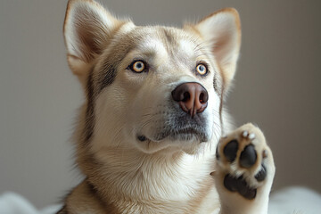 Dog sitting with one a paw up and looking at camera. Generative AI