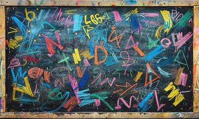 Black school board with scribbles from colored chalks
