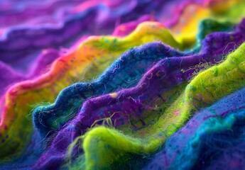 high resolution close up of tie dye felted fabric with lime green, purple and blue threads