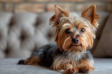 Dog sitting with one a paw up and looking at camera. Generative AI