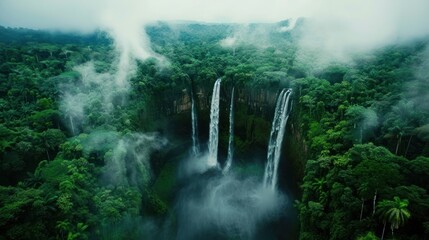 A lush green forest with a waterfall in the background. The sky is cloudy and the air is misty - Powered by Adobe