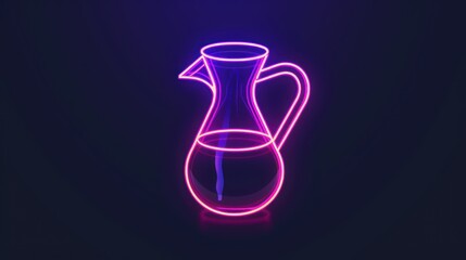 A neon lighted pitcher is lit up in a dark room