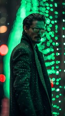 Urban Nightscape: A Man in a Glittering Jacket and Sunglasses