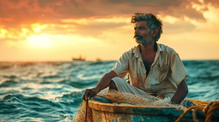 Fisherman at Sunset: A Serene Ocean Scene