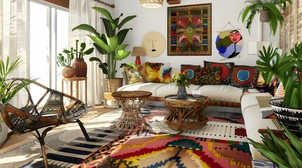 bohemian inspired living room with eclectic patterns, plants, and worldly decor accents