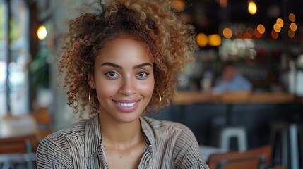 Woman with Curly Hair in Restaurant