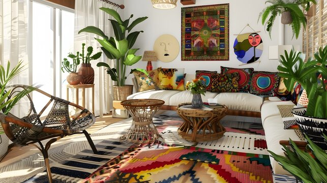 bohemian inspired living room with eclectic patterns, plants, and worldly decor accents