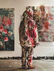 Artist in Floral Jacket Standing Before Colorful Abstract Paintings
