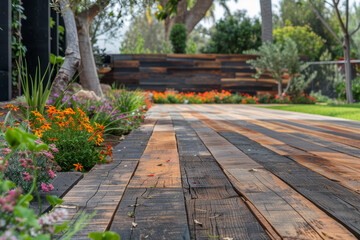 Beautiful outdoor decking made from reclaimed timber, blending with nature's palette for sustainable living. AI generated.
