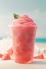 Vibrant Pink Slushy with Straw and Watermelon Chunks, Served in a Clear Cup on a Beach Setting