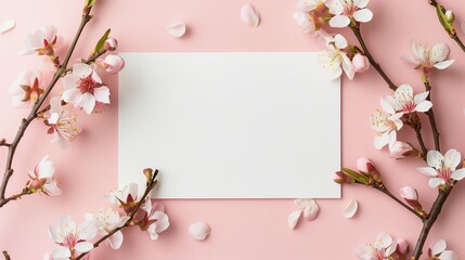 A blank wedding invitation card mockup adorned with delicate pink flowers.
