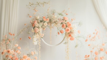 Hanging Floral Halo Ring with Real Flowers in Light Beige Palette and Cinematic Lighting Background