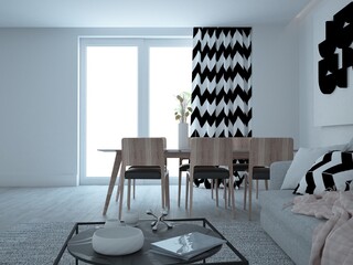 Eleganckie minimalistyczne nowoczesne wnętrze salonu z dużym artystycznym obrazem zasłonami zygzak i stołem z krzesłami © VILKTERIO