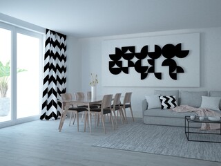 Eleganckie minimalistyczne nowoczesne wnętrze salonu z dużym artystycznym obrazem zasłonami zygzak i stołem z krzesłami © VILKTERIO