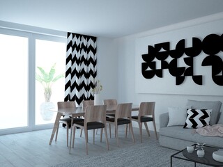 Eleganckie minimalistyczne nowoczesne wnętrze salonu z dużym artystycznym obrazem zasłonami zygzak i stołem z krzesłami