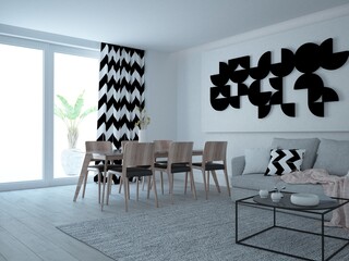 Eleganckie minimalistyczne nowoczesne wnętrze salonu z dużym artystycznym obrazem zasłonami zygzak i stołem z krzesłami © VILKTERIO