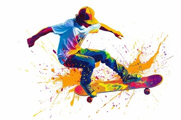 A skateboarder in midair, colorful splashes of paint around him against a white background Generative AI