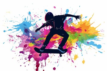 A skateboarder performing an ollie, colorful paint splashes in the background Generative AI