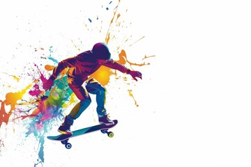 A skateboarder in colorful splashes of paint against a white background Generative AI