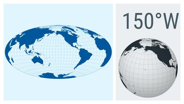 World Map Animation. Aitoff projection. Solid color style. Animated world map in Aitoff projection. Loopable animation showing longitude shift and matching globe.
