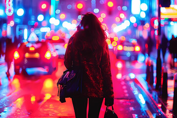 Enveloped by the pulsating rhythm of the city, a woman embraces the vibrant energy of the nightlife as she wanders through the bustling streets, her senses awakened by the kaleidoscope of lights