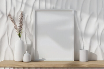 Empty white poster frame mockup on wooden shelf, trapezoid pattern. Modern bedroom interior design with white walls and home decorations. Generative AI