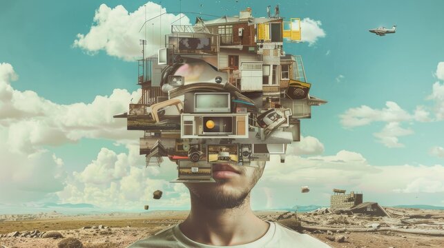 A man's face is made up of various objects, including a car, a television, and a building