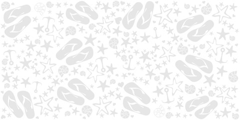 Summer gray pattern with shells, flip-flops and  anchor. Fashion print design.  Flat style. Icon Summer. Horizontal banner.  Web banner design background for header Templates. illustration
