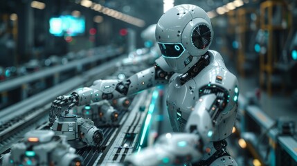 Fototapeta premium robotic arms assemble robot parts on conveyor belt, showcasing automation and ai technology