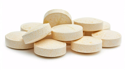 close up view - group of white powder pills vitamins supplement