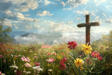 Traditional Easter scene with a cross and blooming flowers