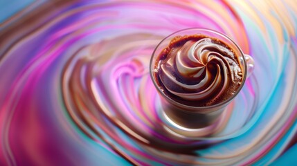 Vibrant backdrop with a spinning cup of hot chocolate in motion