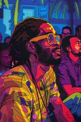 Vibrant cartoon of man with glasses at festive event, surrounded by colorful crowd and palm trees, embodying celebration and community spirit. Juneteenth freedom day, African-American Independence Day