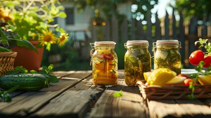 Canning jars on wooden table in sunny garden - Sunlight bathes a wooden table with jars of homemade canned vegetables in a lush garden - Powered by Adobe