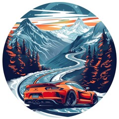 T-shirt design in round shape vector style clipart a modern sports car on a mountain winding road