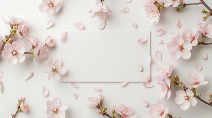 A blank wedding invitation card mockup adorned with delicate pink flowers. - Powered by Adobe
